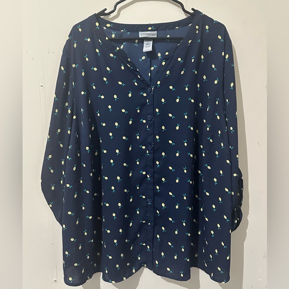 Catherines Tops - Catherines 22/24 Navy Blue Lemon Print Sheer Roll Tab Sleeve Blouse Summer